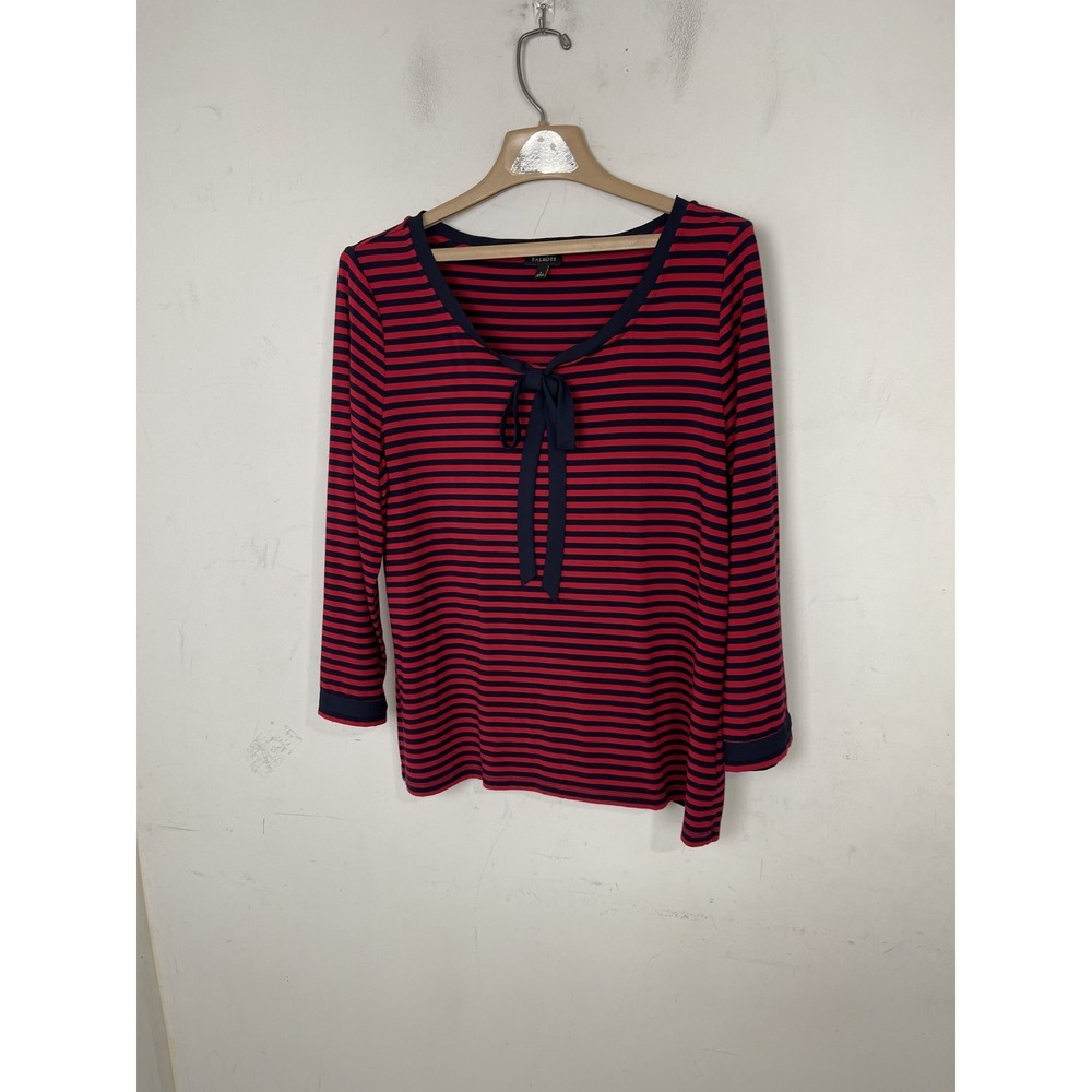 Talbots Womens Red Navy Striped V-Neck Long Sleeve Tie‎ Top Blouse Size L